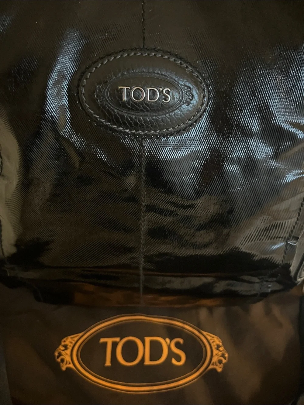 Tod's Black Patent Leather Shoulder Tote with Silver Hardware